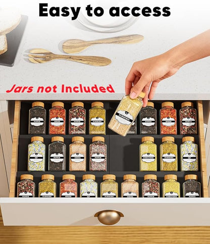Spice Drawer Organizer, Spice Rack Tray for Kitchen Cabinet, Expandable Seasoning Storage Rack Insert for Drawer/Countertop,9 Pieces Set, ABS (Jars Not Included)