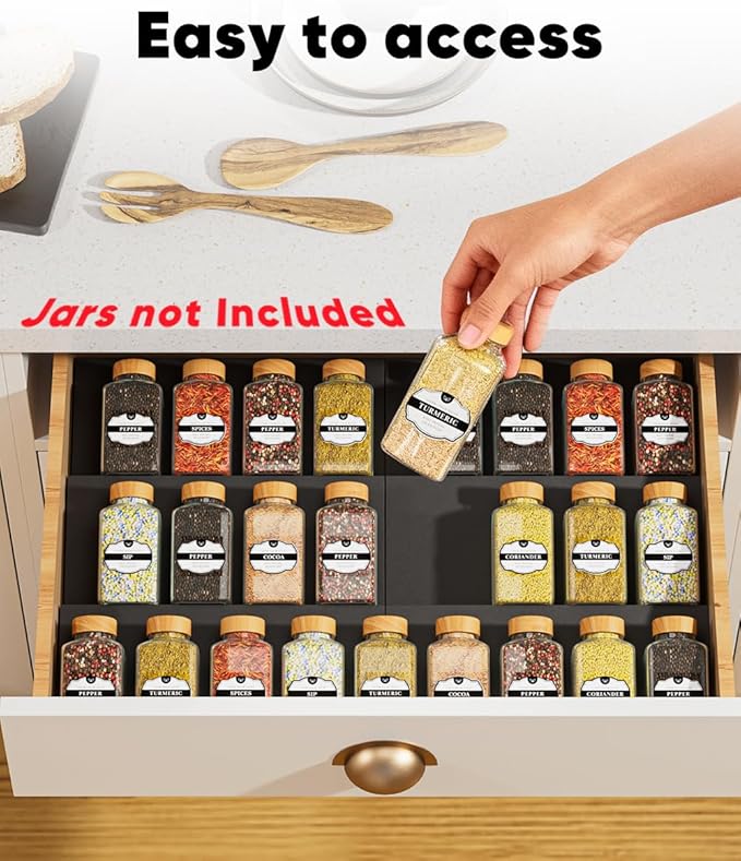 Spice Drawer Organizer, Spice Rack Tray for Kitchen Cabinet, Expandable Seasoning Storage Rack Insert for Drawer/Countertop,6 Pieces Set, ABS (Jars Not Included)
