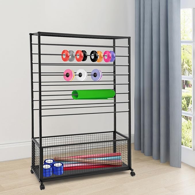 Double-Sided 16 Tier Ribbon Rack, Large Capacity Rolling Ribbon Wrapping Paper Organizer w/Top Shelf & Basket, Movable Metal Storage Cart for Home Retail Studio, 39"x13"x59" (Black)