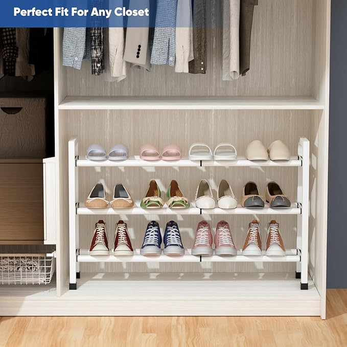 Abiglifty 3-Tier Expandable Shoe Rack,17"-33" Adjustable Shoe Rack for Closet,Metal Shoes Shelves for Front Door Entrance, Garage & Corridor, Free Standing Shoe Holders, Easy to Assemble,White
