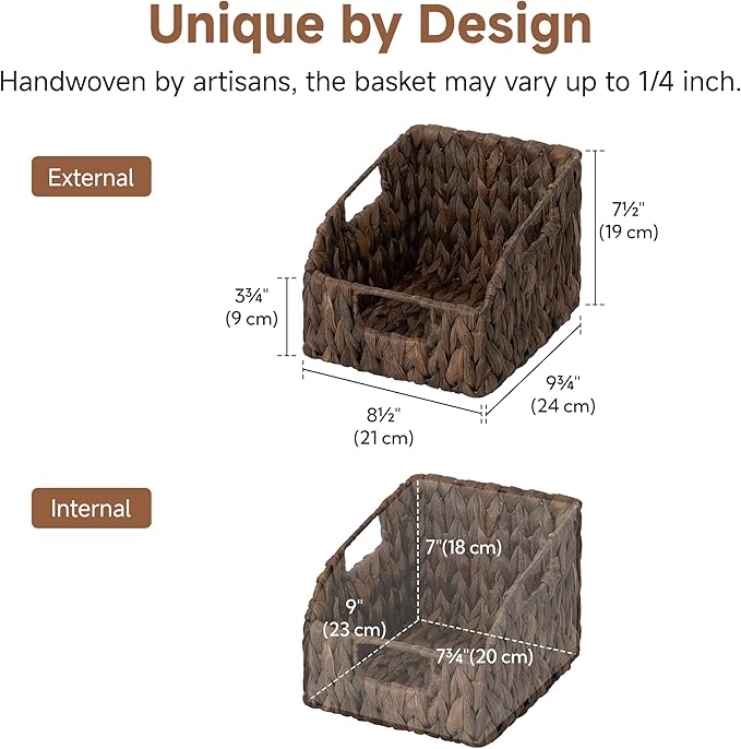 StorageWorks Pantry Baskets for Organizing, Water Hyacinth Storage Baskets for Shelves, Small basket with Built-in Handles, Pantry Organizers and Storage, Brown, Set of 2