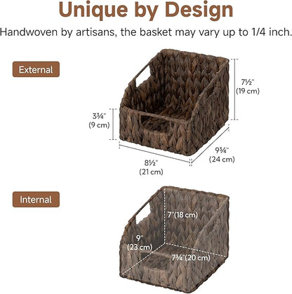 StorageWorks Pantry Baskets for Organizing, Water Hyacinth Storage Baskets for Shelves, Small basket with Built-in Handles, Pantry Organizers and Storage, Brown, Set of 2