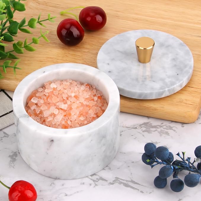 Marble Salt Cellar with Lid, 4 inch Natural Stone Salt Pepper Box, Alloy Lid for Kitchen Countertop Storage (White Grey, 4 * 3.5)