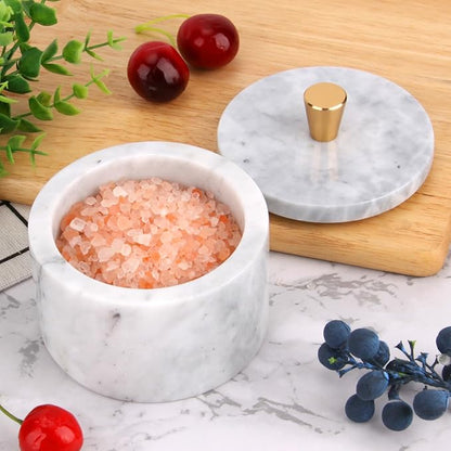 Marble Salt Cellar with Lid, 4 inch Natural Stone Salt Pepper Box, Alloy Lid for Kitchen Countertop Storage (White Grey, 4 * 3.5)