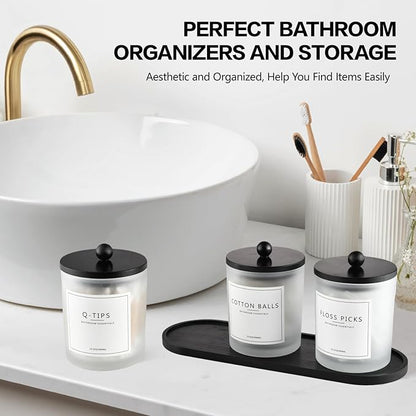 3 Pack Qtip Holder Bathroom Set,Cotton Ball Swab Pad Holder Cotton Round Floss Pick Dispenser with Tray,Glass Apothecary Jars with Lids,Bathroom Organizers and Storage Canisters-Frosted White