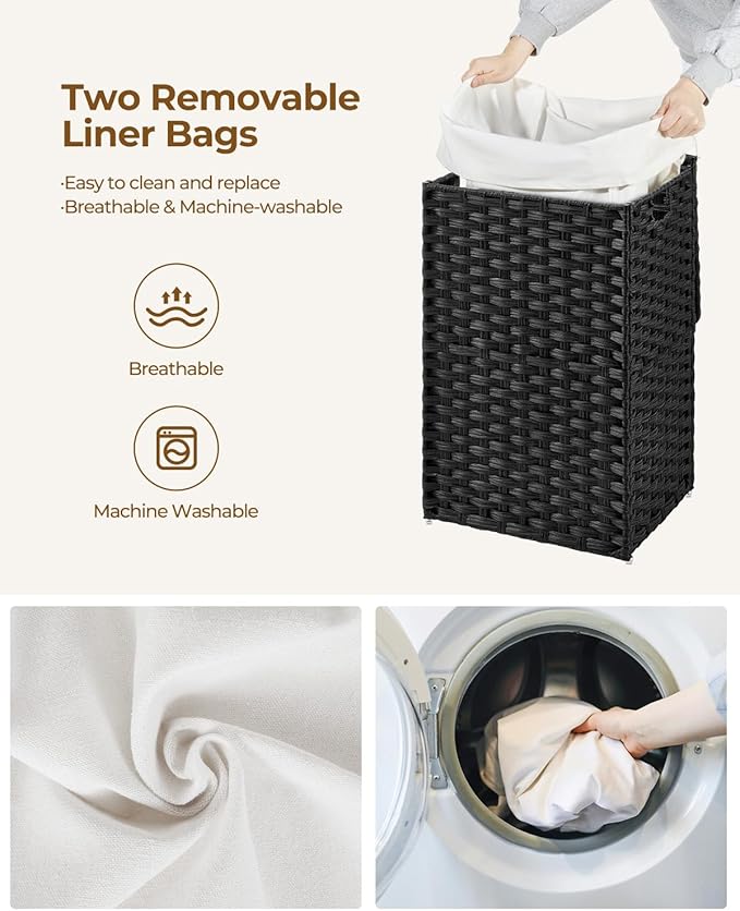 Greenstell Laundry Hamper with Lid, 60L Clothes Hamper with 2 Removable Liner Bags & 2 Mesh Bags, Handwoven Synthetic Rattan Basket, Toys in Bathroom, Bedroom Black