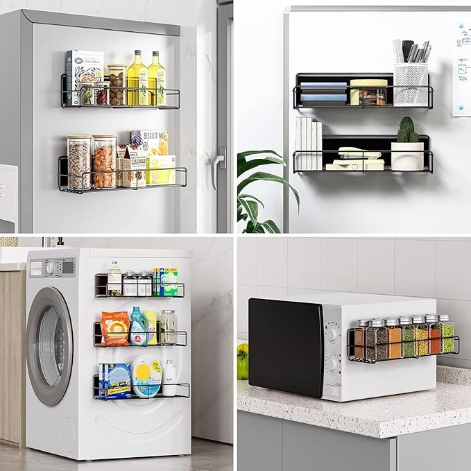 Mystozer 3 Pack Magnetic Spice Rack Organizer,Space Saver for Refrigerator and Whiteboard, Metal Fridge Shelf for Kitchen,Laundry Room,Barbecue Grill,Coffee Maker,Microwave Home Organization(Black)