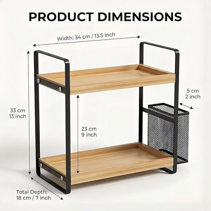 LEMIKKLE 2-Tier Wood Bathroom Counter Organizer with Basket,Waterproof Vanity Perfume Skincare Storage for Bathroom, Kitchen, Dresser
