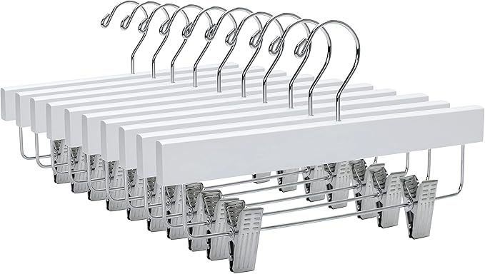 Quality 11 Inches Kids Wooden Pants Hangers 20 Pack - Skirt Hangers with Adjustable Metal Clips 360° Swivel Chrome Hook & Nonslip Notches- Ideal for Clothes Size 8 and Smaller (White, 20)