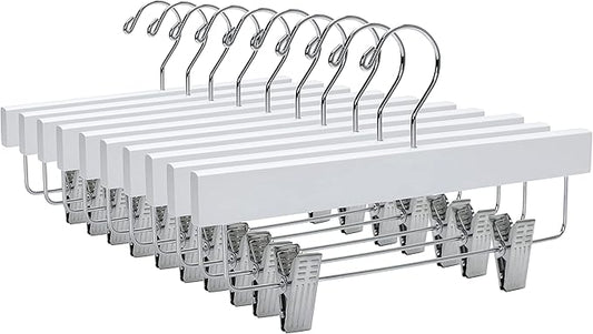 Quality 11 Inches Kids Wooden Pants Hangers 80 Pack - Skirt Hangers with Adjustable Metal Clips 360° Swivel Chrome Hook & Nonslip Notches- Ideal for Clothes Size 8 and Smaller (White, 80)
