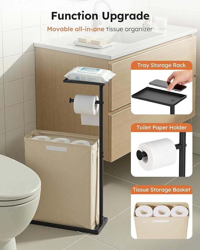 Freestanding Toilet Paper Holder Stand with Shelf for Up to 12 Rolls,Rustproof Metal Bathroom Toilet Paper Storage with Lid, All-in-One Toilet Tissue Roll Dispenser and Organizer,Beige
