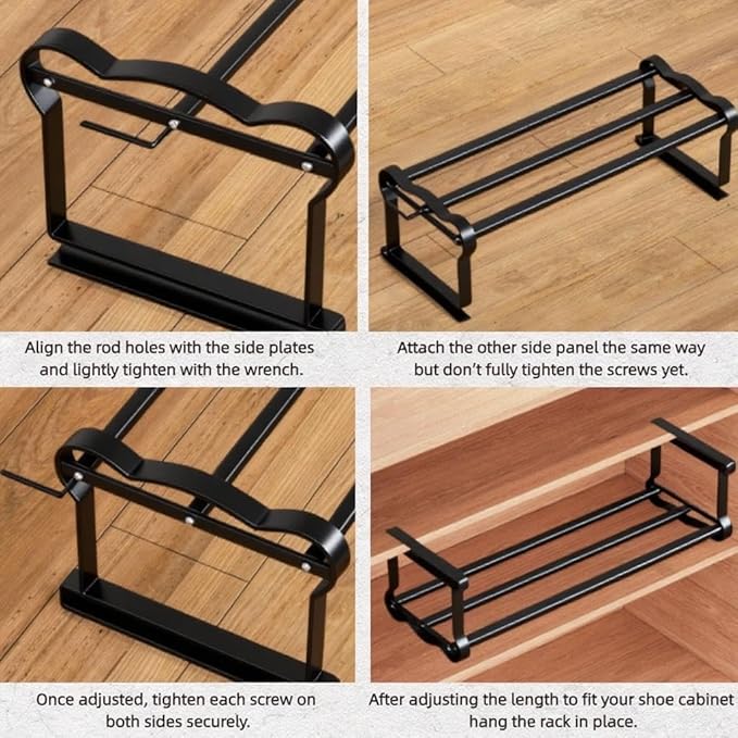 Expandable Hanging Shoe Rack for Closet, 2 Pack Retractable Metal Under Shelf Rack, Adjustable Under Cabinet Storage Shelf & Partition Organizer for Wardrobe, Kitchen, Black