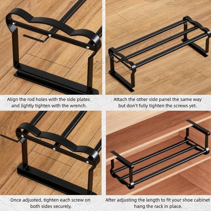 Expandable Hanging Shoe Rack for Closet, 2 Pack Retractable Metal Under Shelf Rack, Adjustable Under Cabinet Storage Shelf & Partition Organizer for Wardrobe, Kitchen, Black