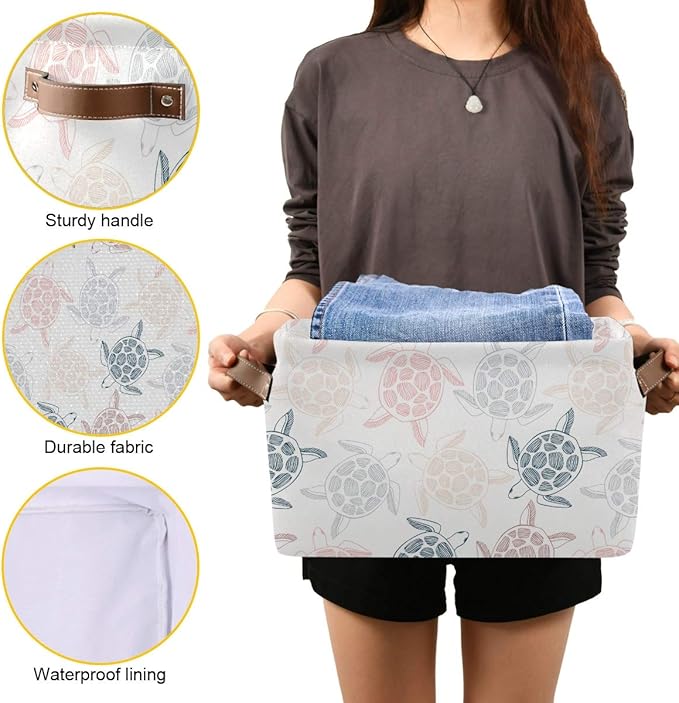 Large Storage Basket Bin Sea Turtles Pattern Storage Cube Box Foldable Canvas Fabric Collapsible Organizer with Handles for Home Office Closet