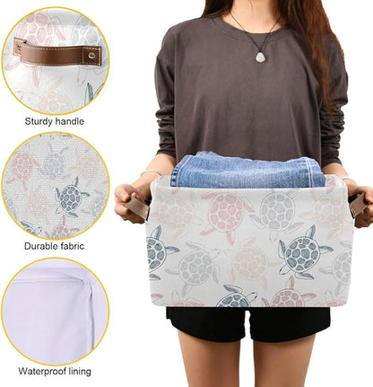 Large Storage Basket Bin Sea Turtles Pattern Storage Cube Box Foldable Canvas Fabric Collapsible Organizer with Handles for Home Office Closet