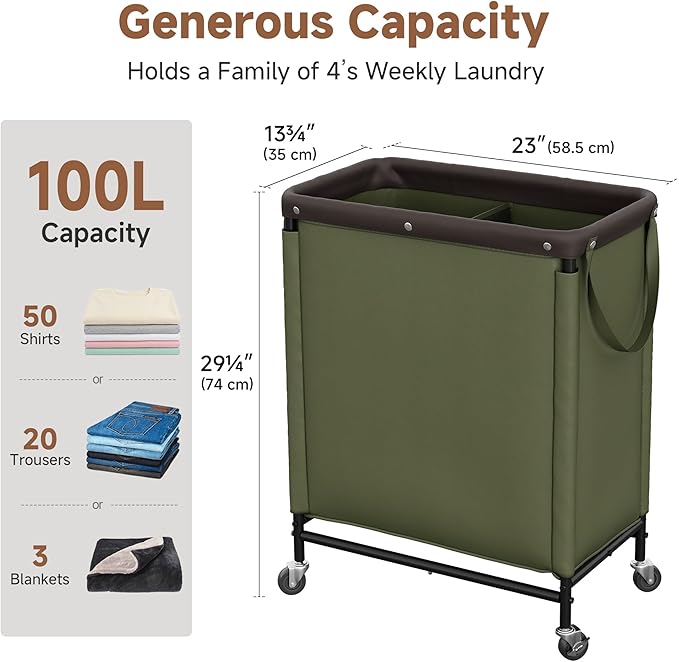 StorageWorks Laundry Hamper 2 Section, 100L Rolling Laundry Sorter Cart with Removable and Washable Liner Bag, Clothes Hamper with Wheels and Handle for Laundry Room and Bedroom, Green