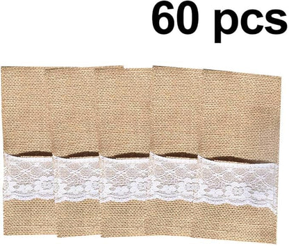 Awtlife 60 Packs Xmas Burlap Lace Utensil Holders Silverware Cutlery Pouch Knifes Forks Bag for Vintage Wedding