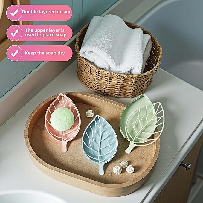 Leaf-Shaped Soap Dish Set, 2-Tier Soap Holder Drain Rack, Leaf Design - No Drill Wall Mount, Detachable Bathroom Organizer for Shower Sink (Pastel Green/Blue/Pink)