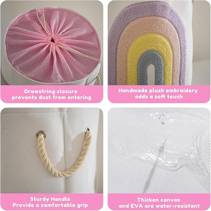 Pink Baby Hamper, XL Canvas 58L Laundry Basket with Drawstring Closure, Boho Rainbow Decor