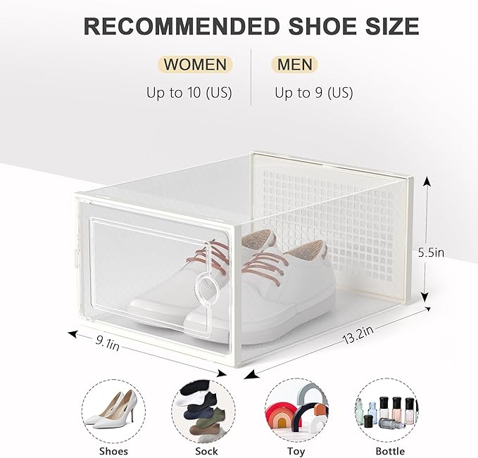 Kuject Large Shoe Organizers Storage Boxes for Closet, 12 Pack Clear Plastic Stackable Storage Bins with Lids, Under Bed Shoe Containers for Entryway, Fit up to Women's Size 10,Black,Off-white