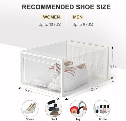 Kuject Large Shoe Organizers Storage Boxes for Closet, 12 Pack Clear Plastic Stackable Storage Bins with Lids, Under Bed Shoe Containers for Entryway, Fit up to Women's Size 10,Black,Off-white