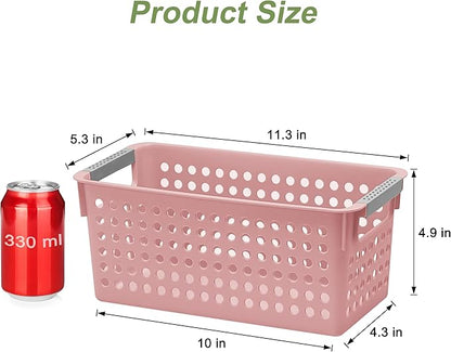 Soddeph 4 Pack Slim Plastic Storage Basket with Handles, Rectangular Storage Bins for Shelves,Narrow Organizer box for Organizing, Kitchen,Home,Office(Pink, Small)