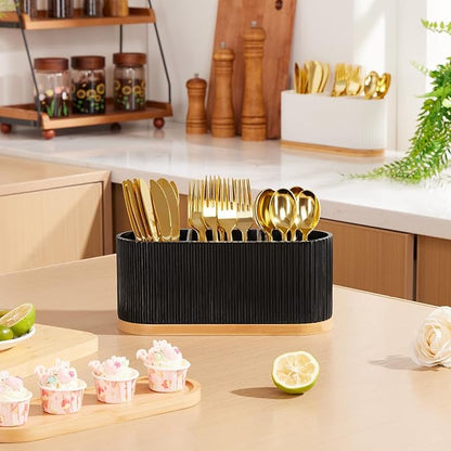 Countertop Silverware Holder, Silverware Caddy Organizer Holder for Forks, Spoons, Knives, Cutlery Caddy with 3 Compartments, Kitchen Utensil Holder for Party, Countertop, Black