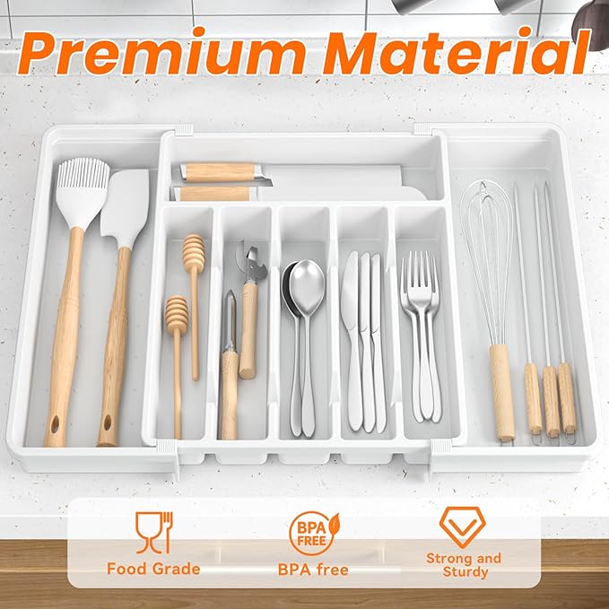 RoomHacks Large Silverware Organizer,Expandable Utensil Drawer Organizer,BPA Free Utensil Holder,Adjustable Silverware Tray Cutlery Drawer Organizer for Kitchen Flatware,Large,White,2 Pack