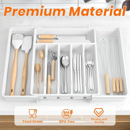RoomHacks Large Silverware Organizer,Expandable Utensil Drawer Organizer,BPA Free Utensil Holder,Adjustable Silverware Tray Cutlery Drawer Organizer for Kitchen Flatware,Large,White,2 Pack