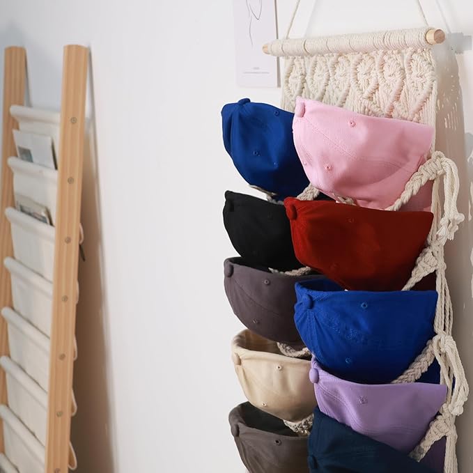 Hommtina Wall Mounted Hat Rack, Handwoven Boho Hat Organizer, Holds Up to 14 Caps, Space-Saving Storage for Bedroom, Entryway, Closet, No-Tool Installation