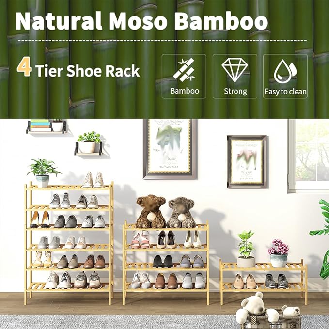 4-Tier Bamboo Shoe Rack for Entryway, Stackable | Heavy Duty | Multi-Function, Free Standing Shoe Racks for Bedroom Hallway Closet