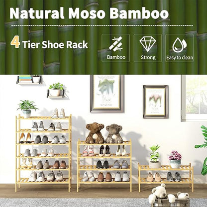 4-Tier Bamboo Shoe Rack for Entryway, Stackable | Heavy Duty | Multi-Function, Free Standing Shoe Racks for Bedroom Hallway Closet