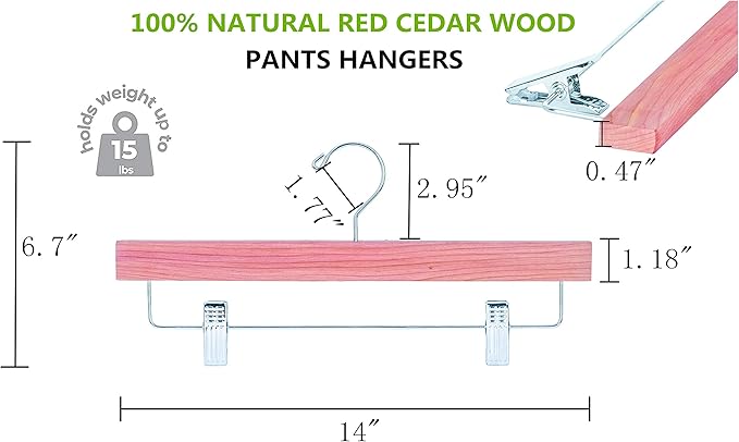 Amber Home 12 Pack American Red Cedar Wood Pants Hangers, Natural Cedar Wooden Slacks Skirts Hangers with 2-Adjustable Clips, Bottom Hangers for Trousers, Jeans, Shorts (12 Pack)
