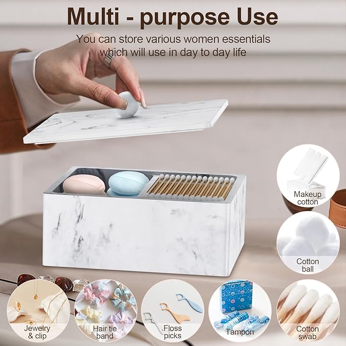 Cotton Swab Holder, 16 OZ Qtip Holder Dispenser with Lid, 2 Compartments Cotton Ball Buds Bathroom Organizers Storage Bin Floss Dispenser Vanity Cosmetics, White