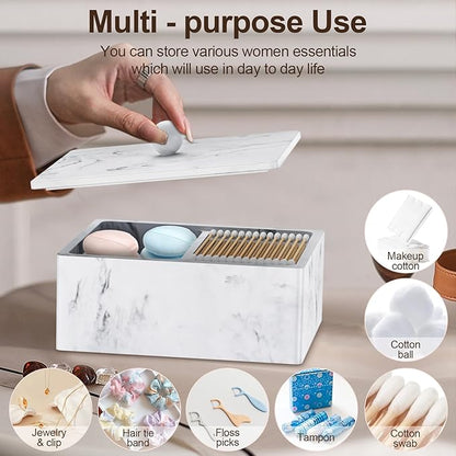 Cotton Swab Holder, 16 OZ Qtip Holder Dispenser with Lid, 2 Compartments Cotton Ball Buds Bathroom Organizers Storage Bin Floss Dispenser Vanity Cosmetics, White