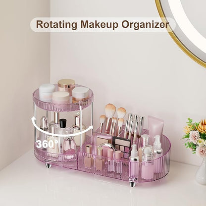 360 Rotating Vanity Makeup Organizer, 2 Small Trays & 5 Compartments for Cosmetics, Skincare, Perfume, Lipstick & Make up Brushes Holder, Dresser Countertop Organizers and Storage for Bathroom, Desk