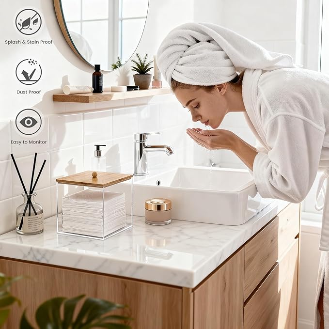 Puricon Acrylic Disposable Facial Towels Holder, Clear Storage Bin with Wood Lid Compatible with Clean Skin Club Towel (NOT Included), Face Towelettes Container for Bathroom Counter -Original