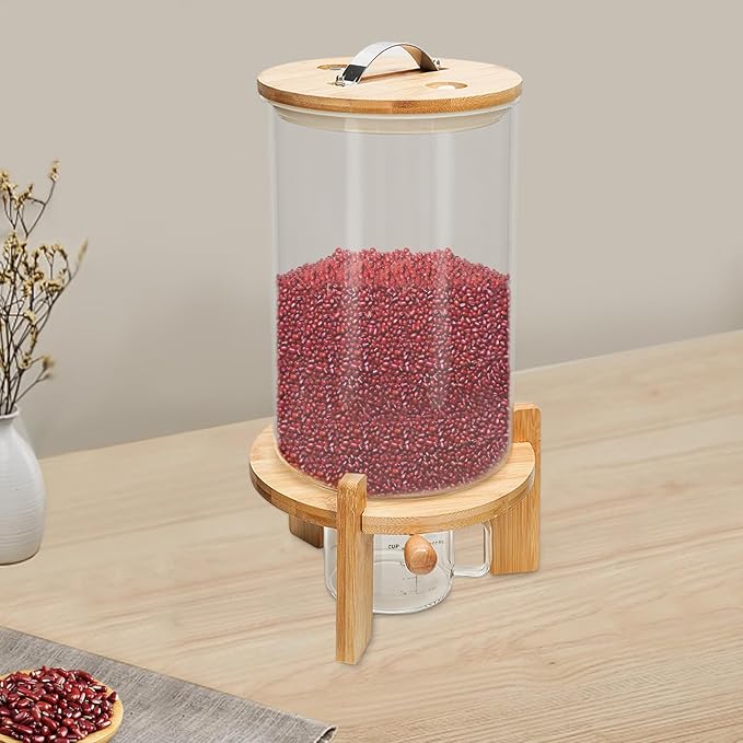 Glass Rice Dispenser with Wooden Stand, 1.98Gal Rice Storage Container Cereal containers Storage Cereal Dispenser for Kitchen Organization & Pantry Store Airtight Lid Manual Switch (7.5L)