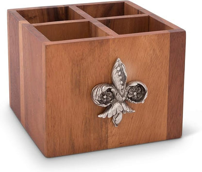 Vagabond House Square Caddy Acacia Wood Flatware/Serve ware/Utensil/Carry-All Holder with Solid Pewter Fleur de Lis Accent, 4 Compartments 7 inch x 7 inch