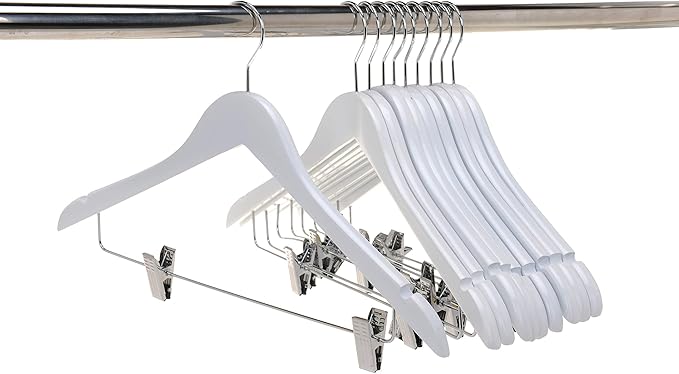 Quality Wooden Skirt Hangers with Clips, 10-Pack Smooth Solid Wood Pants Hangers with Durable Adjustable Metal Clips, Swivel Hook, Coat, Jacket, Blouse Suit Hangers (White, 10)