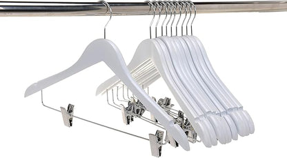 Quality Wooden Skirt Hangers with Clips, 10-Pack Smooth Solid Wood Pants Hangers with Durable Adjustable Metal Clips, Swivel Hook, Coat, Jacket, Blouse Suit Hangers (White, 10)