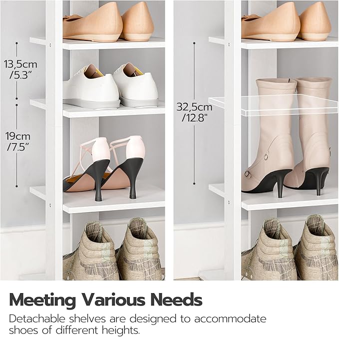 HOOBRO Vertical Shoe Rack for Front Door Entryway, 7 Tier Wooden Shoe Storage Organizer with Hooks, Narrow Shoe Tower for 7 Pairs, Space Saving, for Corner, Closet, Bedroom, White WT61XJ01