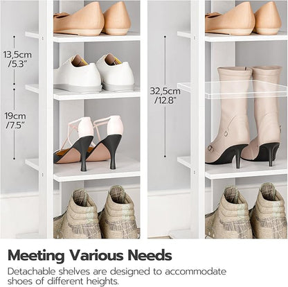 HOOBRO Vertical Shoe Rack for Front Door Entryway, 7 Tier Wooden Shoe Storage Organizer with Hooks, Narrow Shoe Tower for 7 Pairs, Space Saving, for Corner, Closet, Bedroom, White WT61XJ01