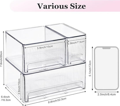 Clear Stackable Makeup Organizer, 3 Pack Plastic Drawer Storage with Handle for Vanity Bathroom Countertop, Transparent