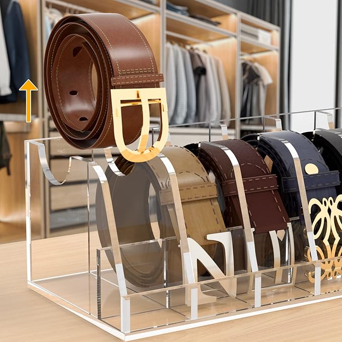 FEMELI Belt Organizer Acrylic Clear Case Storage Holder for Closet and Drawer, 7 Compartments Tie Box Container with Display Stand