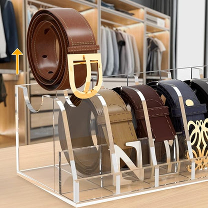 FEMELI Belt Organizer Acrylic Clear Case Storage Holder for Closet and Drawer, 7 Compartments Tie Box Container with Display Stand