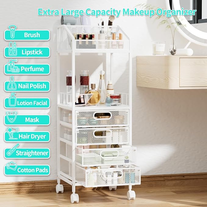 HapiRm Makeup Organizer Storage Cart - Floor Skincare Make Up Storage with 4 Drawers, Rolling Makeup Cart Vanity Organizer Cosmetics Display Cases Holder for Skin Care Perfume Nail Polish