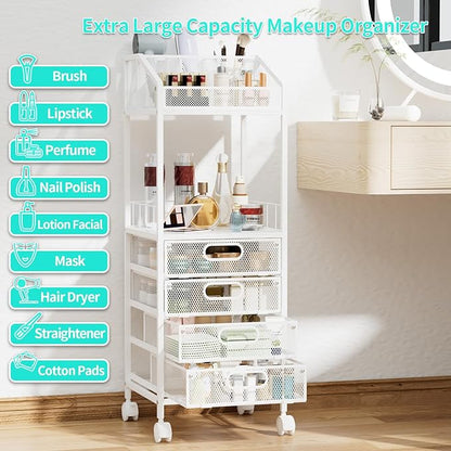 HapiRm Makeup Organizer Storage Cart - Floor Skincare Make Up Storage with 4 Drawers, Rolling Makeup Cart Vanity Organizer Cosmetics Display Cases Holder for Skin Care Perfume Nail Polish