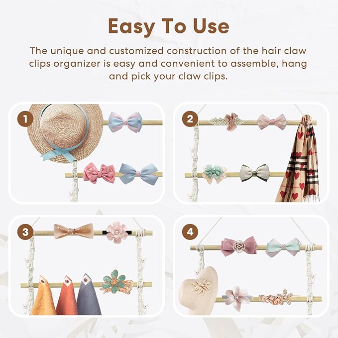 Macrame Claw Clip Organizer with Hooks, Hanging Hair Clip Holder and Storage for Women Girls, Wall, Door, Closet
