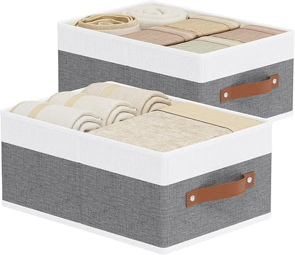 Fabric Clothing Storage Boxes, Storage Baskets with Handles, Cube Organizer Bins for Bedroom Laundry,13 × 9.1 × 5.5 Inch, White and Grey, 2-Pack